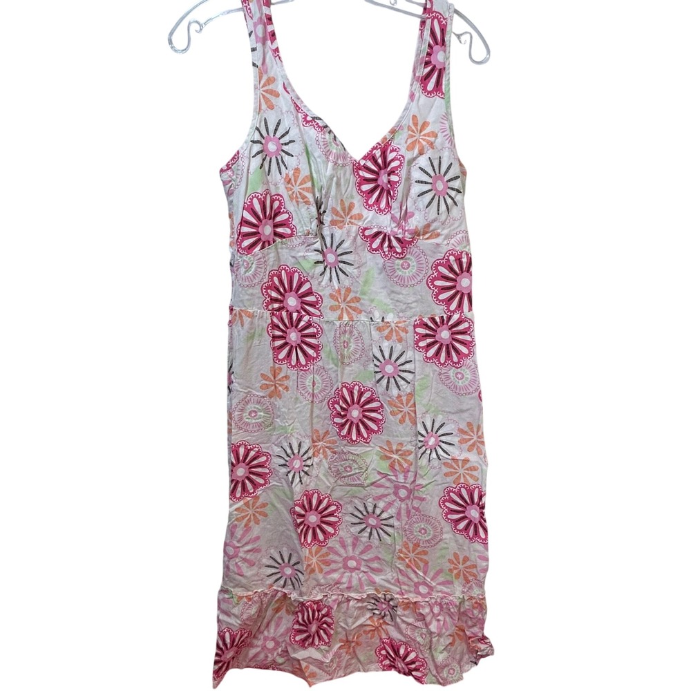 Fresh Produce Pink Orange Floral Sunburst Cotton Ruffle Hem Midi Dress Womens‎ M